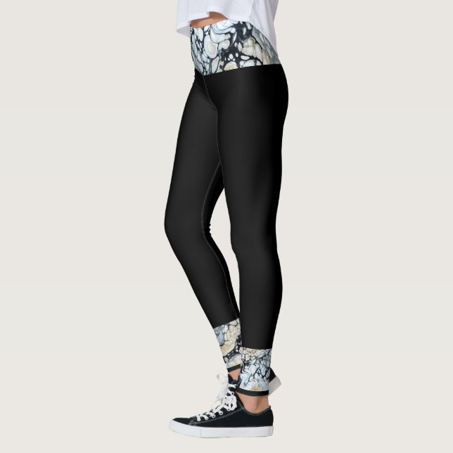 Black/Black White Abstract Waist Ankle border Leggings (Left)
