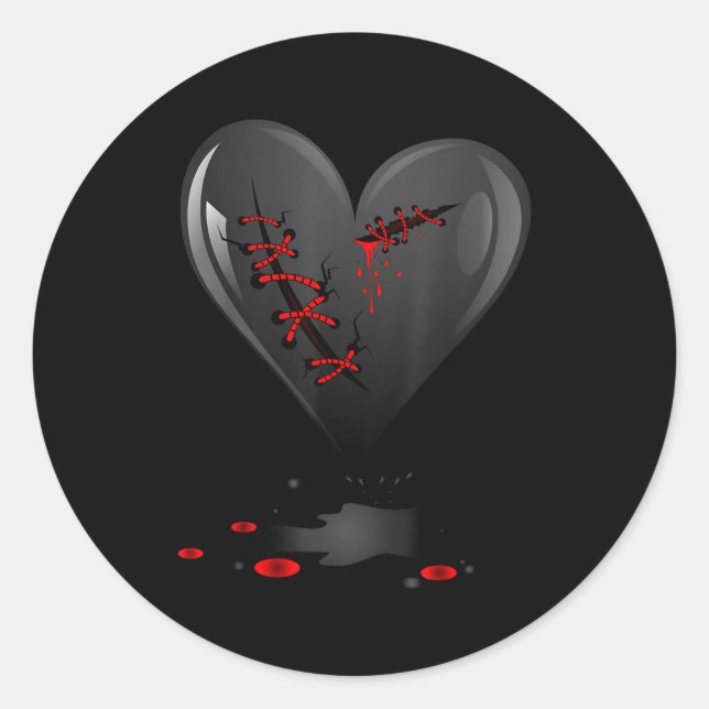 Black Bleeding Cut Open Broken Heart Goth Valentin Classic Round Sticker (Front)