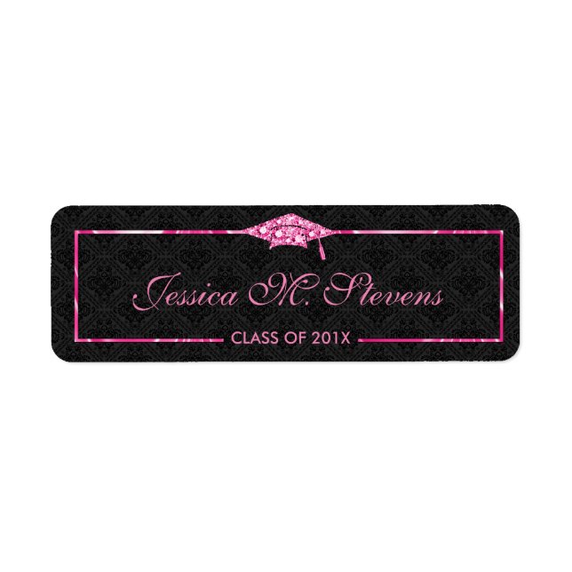 Black & Bling Graduation Hat With Pink Frame Label (Front)