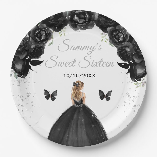 Black Blonde Hair Princess Sweet Sixteen Paper Plates (Front)