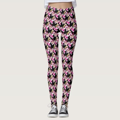 Black Blooms Blush Pink Spring Floral Watercolor Leggings