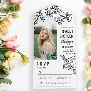 Black Blossoming Branches Photo Sweet Sixteen All In One Invitation