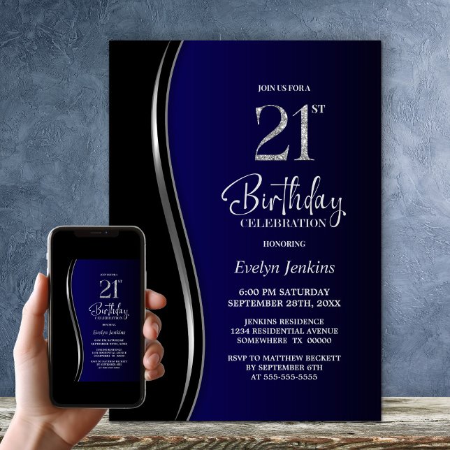 Black Blue 21st Birthday Party Invitation (Creator Uploaded)