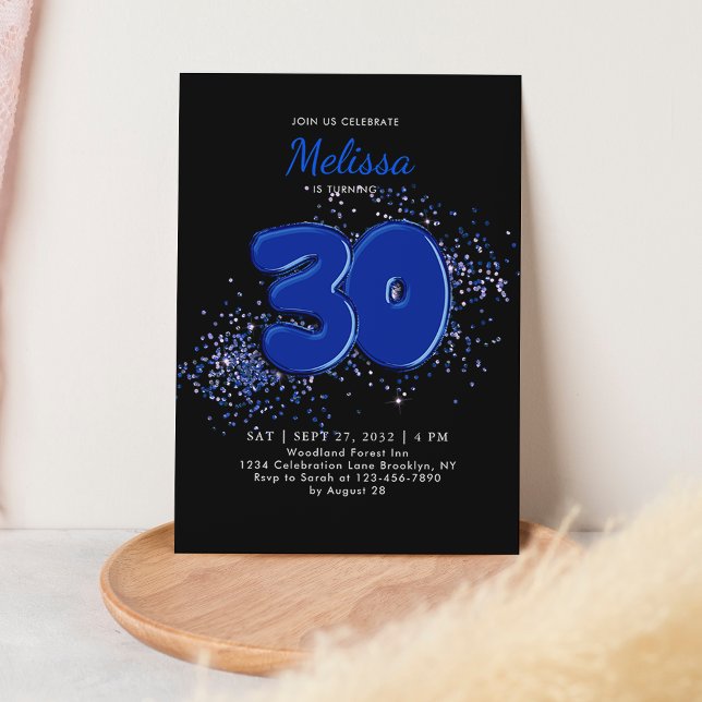 Black Blue 30th Balloons Confetti Adult Birthday Invitation (Creator Uploaded)