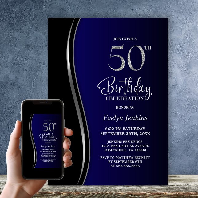 Black Blue 50th Birthday Party Invitation (Creator Uploaded)