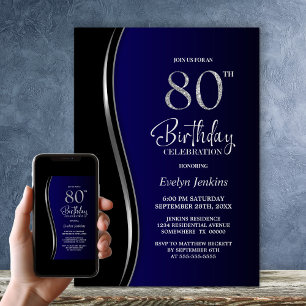 Black Blue 80th Birthday Party Invitation