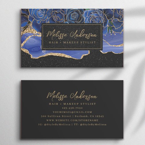 Black Blue Agate Roses Luxe  Business Card
