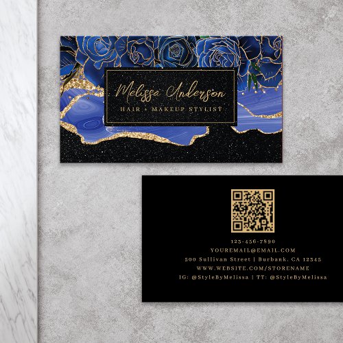 Black Blue Agate Roses Luxe QR Code Business Card