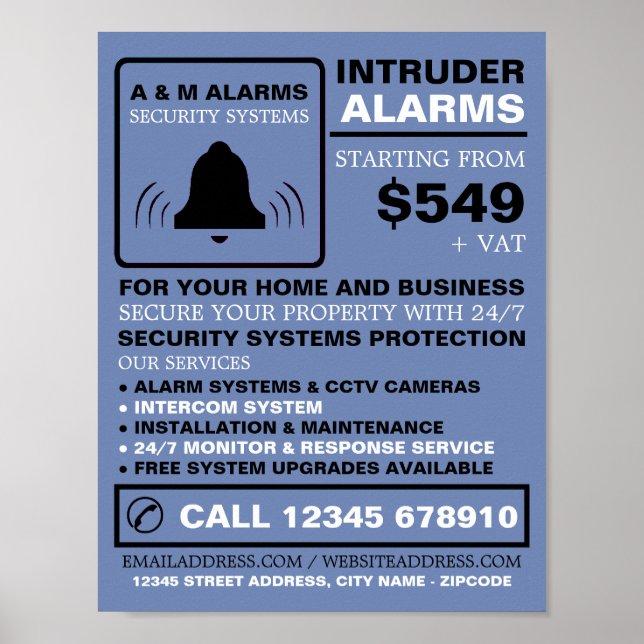 Black & Blue Alarm Logo, Security Alarm Service Poster (Front)