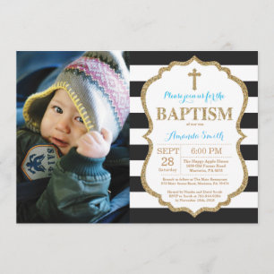 Black Blue and Gold Glitter Baptism Invitation