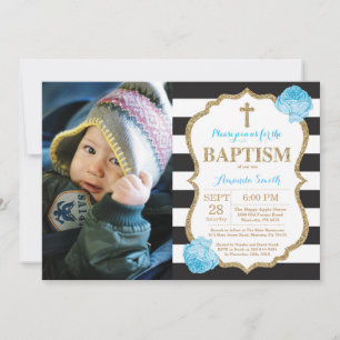Black Blue and Gold Glitter Baptism Invitation