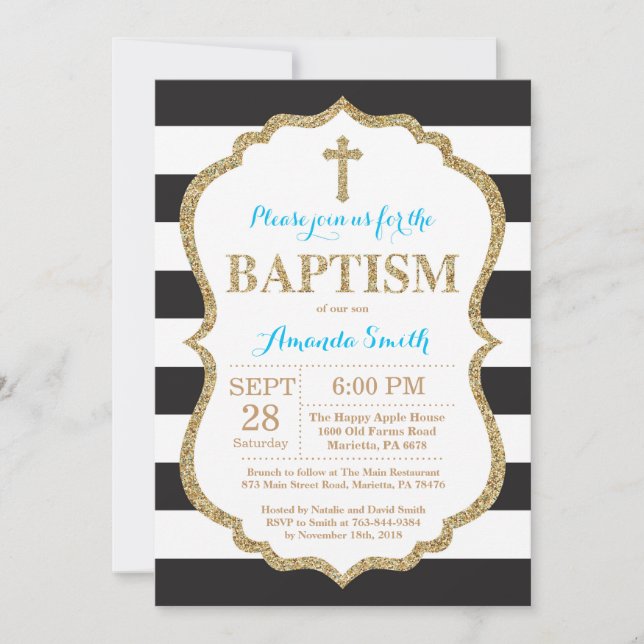 Black Blue and Gold Glitter Baptism Invitation (Front)