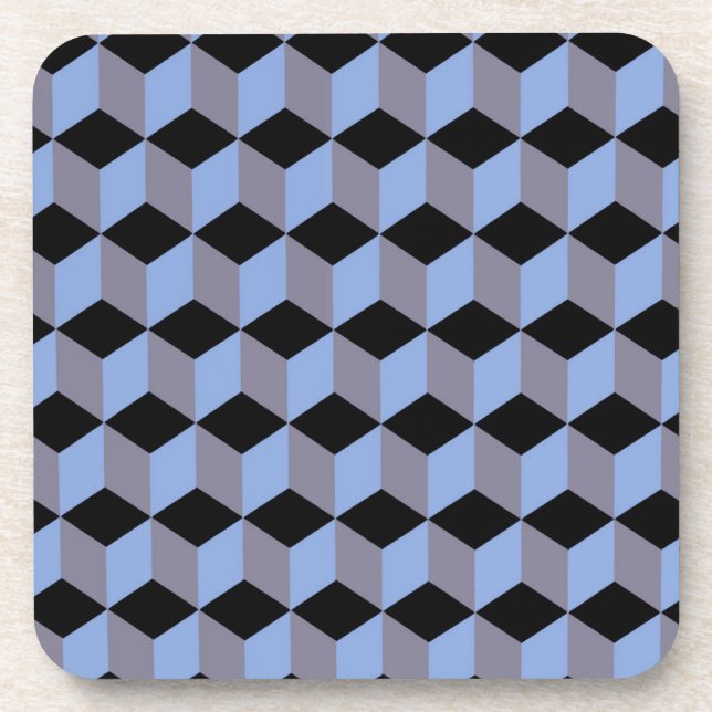 Black Blue and Heather Isometric Cube Patterns Beverage Coaster (Front)