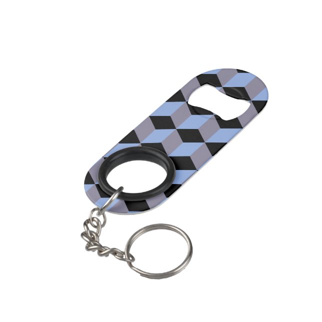 Black Blue and Heather Isometric Cube Patterns Keychain Bottle Opener (Back Angled)