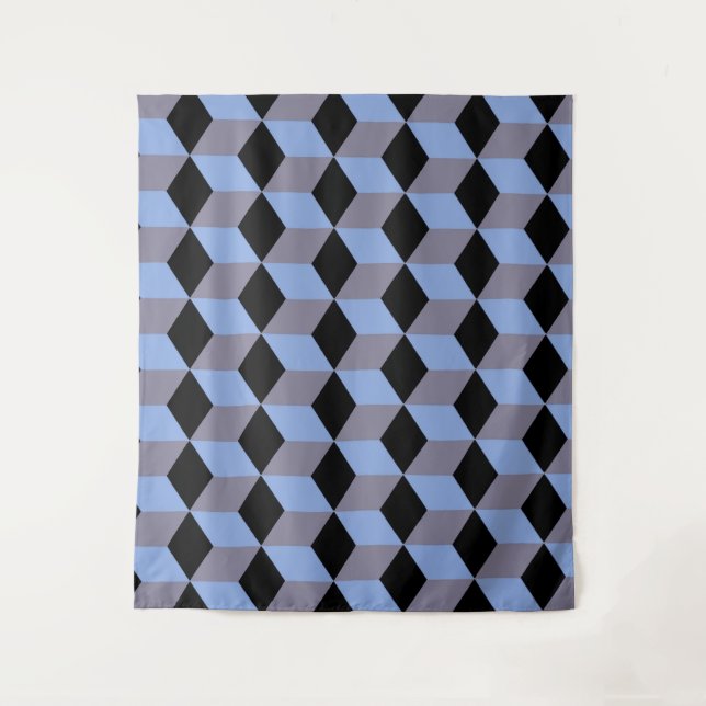 Black Blue and Heather Isometric Cube Patterns Tapestry (Front)