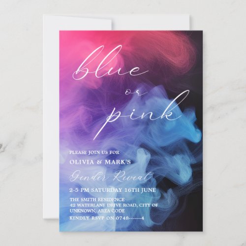 Black Blue and Pink Smoke Baby Gender Reveal Invitation