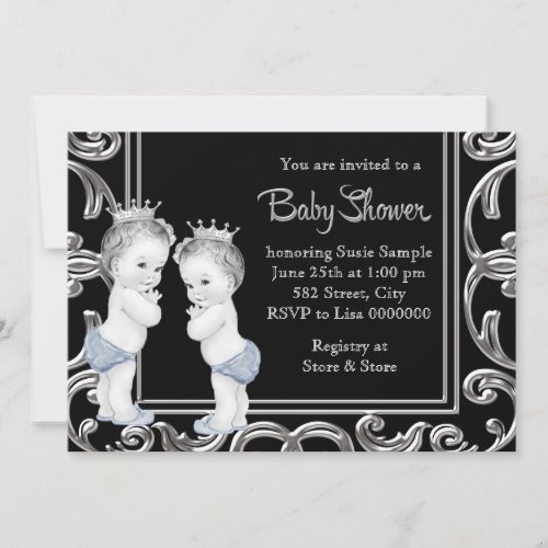 Black Blue and Silver Twin Boy Baby Shower Invitation