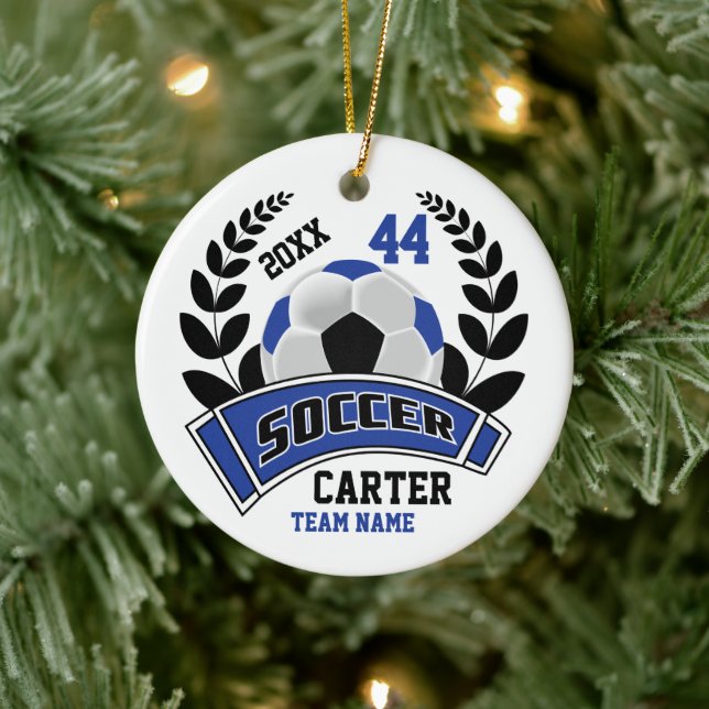 Black, Blue and White Personalize Soccer  ⚽ Ceramic Ornament (Tree)