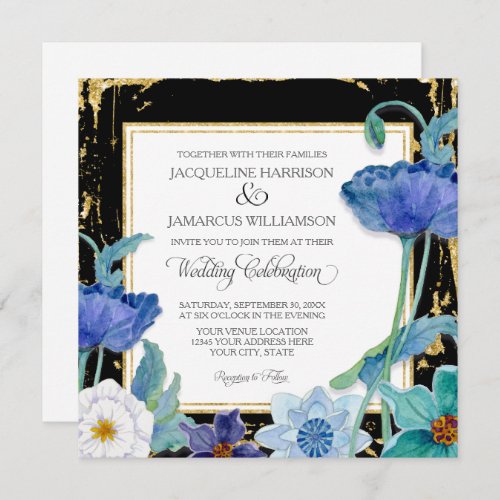 Black Blue and White Watercolor Floral Gold Frame Invitation