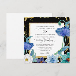 Black Blue and White Watercolor Floral Gold Frame Invitation