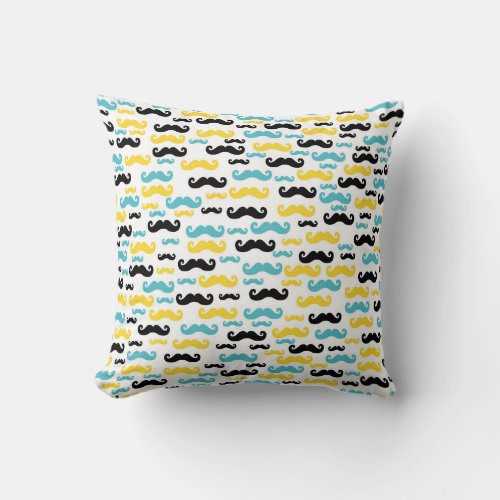 Black Blue and Yellow Mustaches Patterned Throw Pillow