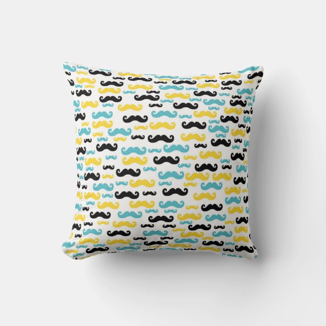 Black Blue and Yellow Mustaches Patterned Throw Pillow (Front)