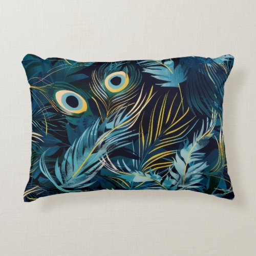 Black blue and yellow peacock feathers pattern accent pillow