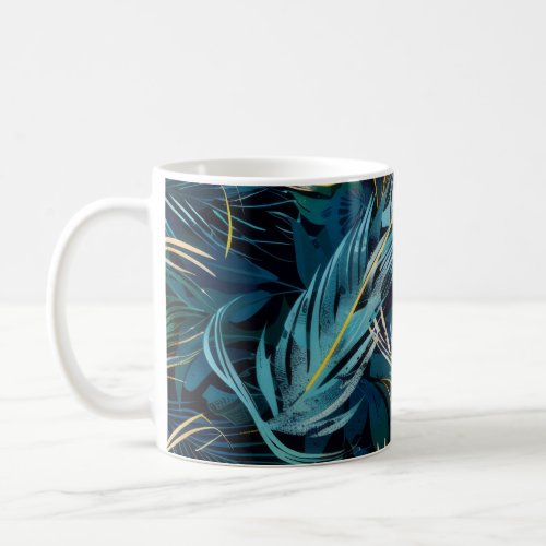 Black blue and yellow peacock feathers pattern coffee mug