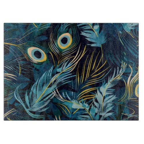 Black blue and yellow peacock feathers pattern cutting board