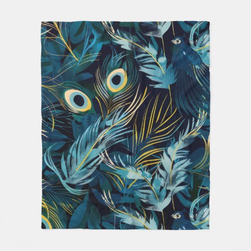 Black blue and yellow peacock feathers pattern fleece blanket