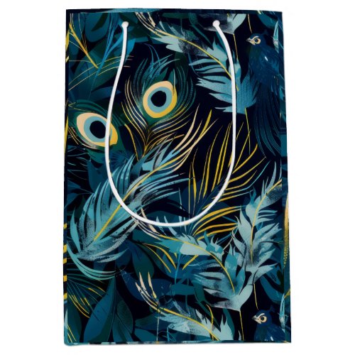 Black blue and yellow peacock feathers pattern medium gift bag