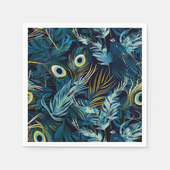 Black, blue and yellow peacock feathers pattern napkins (Front)