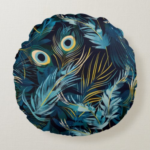 Black blue and yellow peacock feathers pattern round pillow
