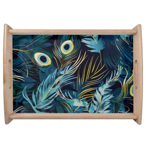 Black blue and yellow peacock feathers pattern serving tray