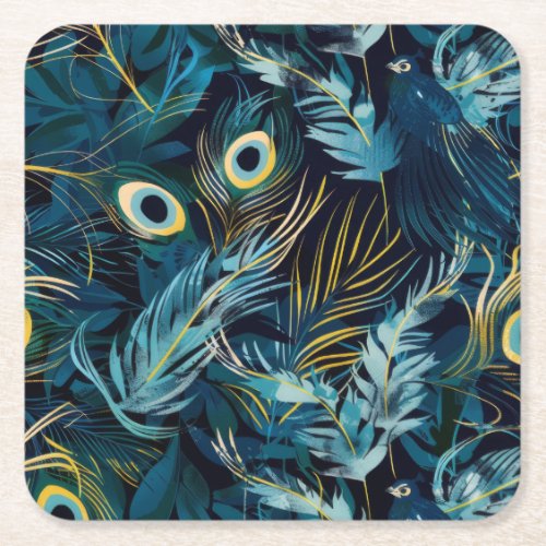 Black blue and yellow peacock feathers pattern square paper coaster
