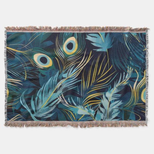 Black blue and yellow peacock feathers pattern throw blanket