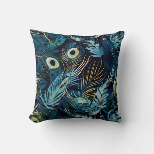 Black blue and yellow peacock feathers pattern throw pillow