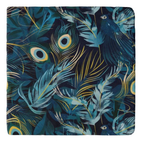 Black blue and yellow peacock feathers pattern trivet