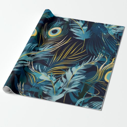 Black blue and yellow peacock feathers pattern wrapping paper