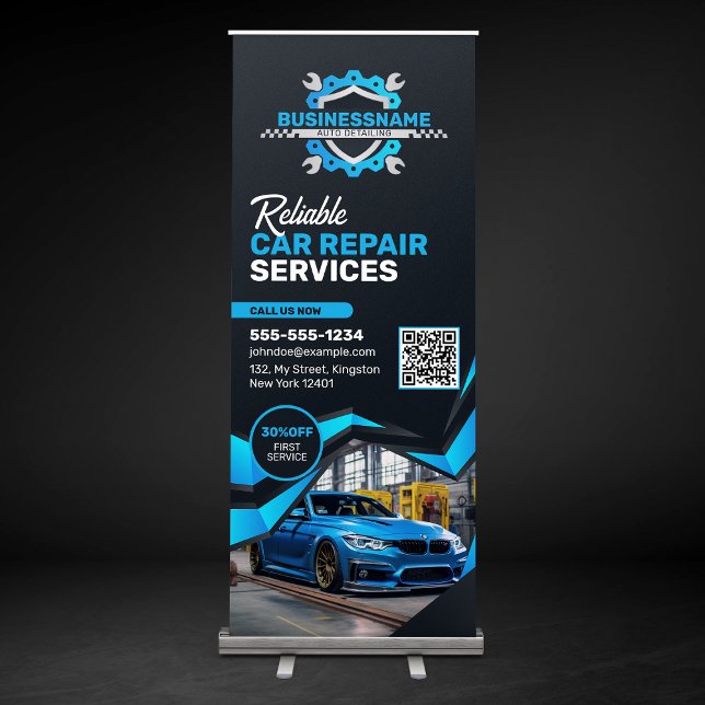Black & Blue Automotive Auto Detailing Car Repair Retractable Banner (Creator Uploaded)