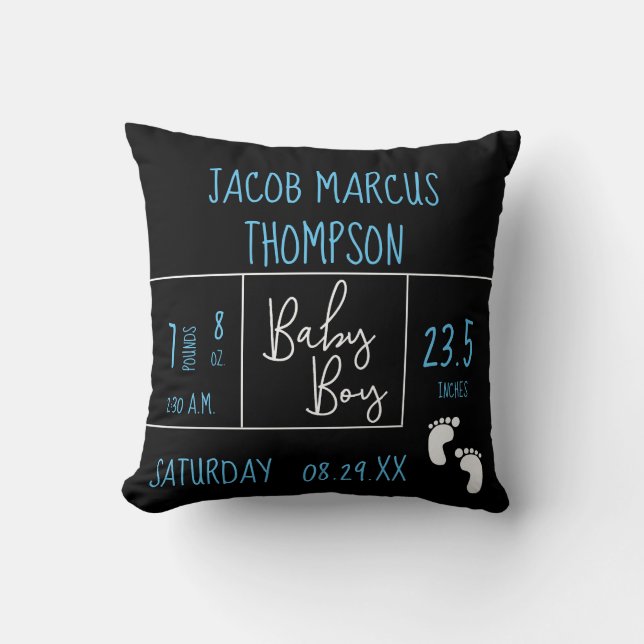 Black Blue Baby Boy photo with Birth Stats Throw Pillow (Front)