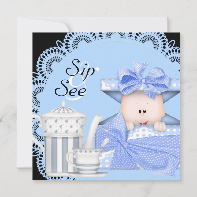 Black Blue Baby Boy Sip & See Invitations (Front)