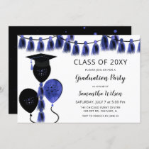 Black Blue Balloons Grad Hat Graduation Party Invitation
