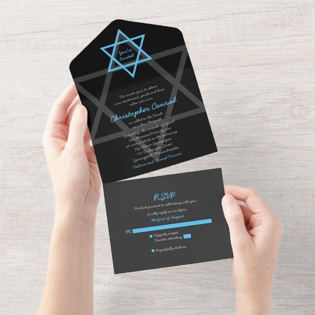 Black Blue Bar Mitzvah RSVP All In One Invitation (Tearaway)