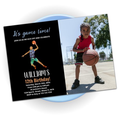 Black Blue Basketball Birthday With Photo Invitation