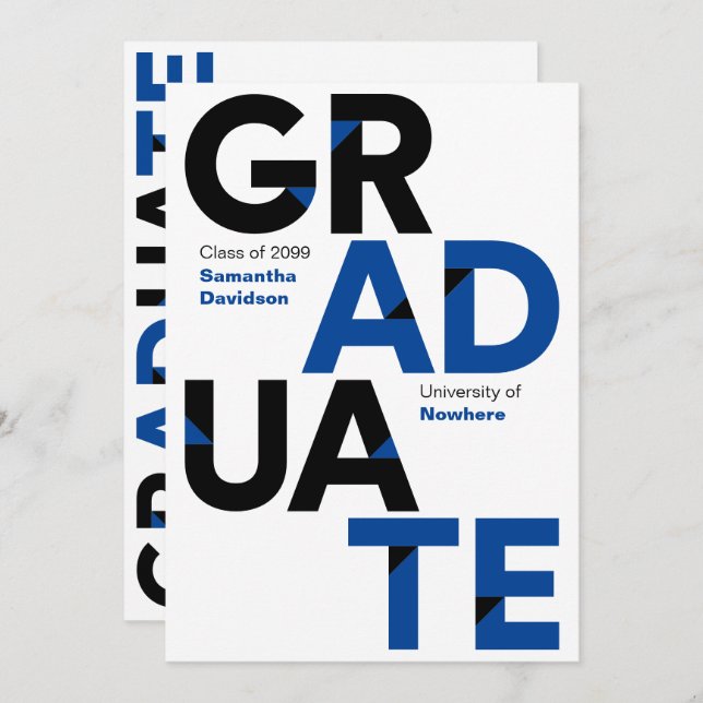 Black & Blue Big Bold Angle-Cut Letters Graduation Invitation (Front/Back)