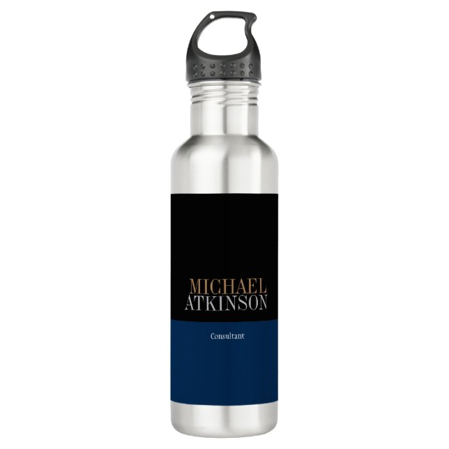 Black Blue Bold Text Trendy Stylish Stainless Steel Water Bottle (Front)