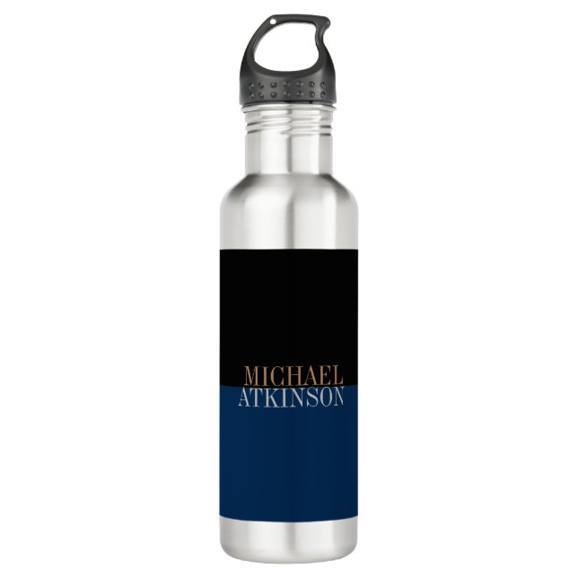 Black Blue Bold Text Trendy Stylish Stainless Steel Water Bottle (Front)
