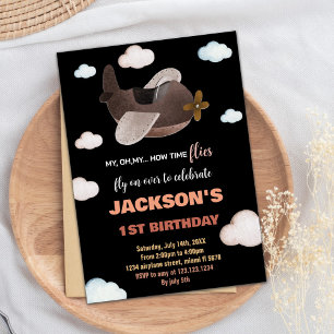 Black Blue Brown Airplane Birthday Invitations