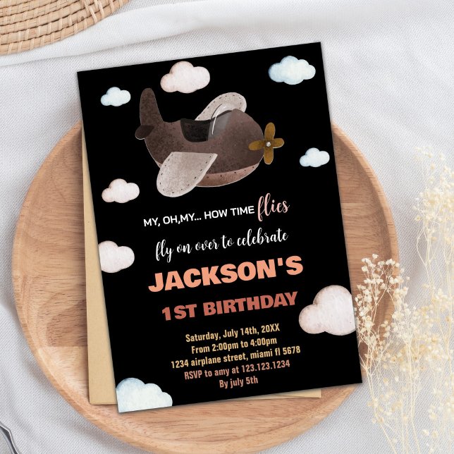 Black Blue Brown Airplane Birthday Invitations (Black Blue Brown Airplane Birthday Invitations)